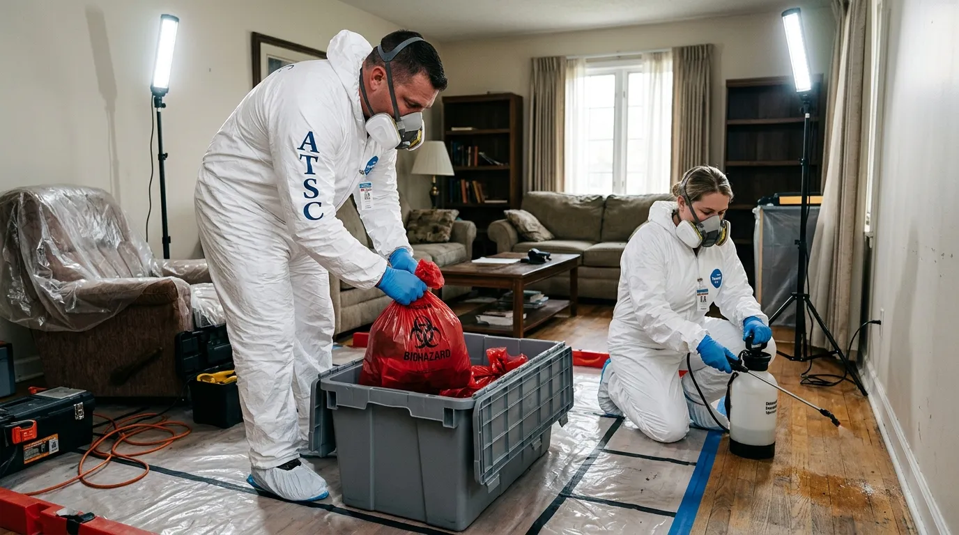 Professional Biohazard Cleanup technician in full PPE working in Maple Grove